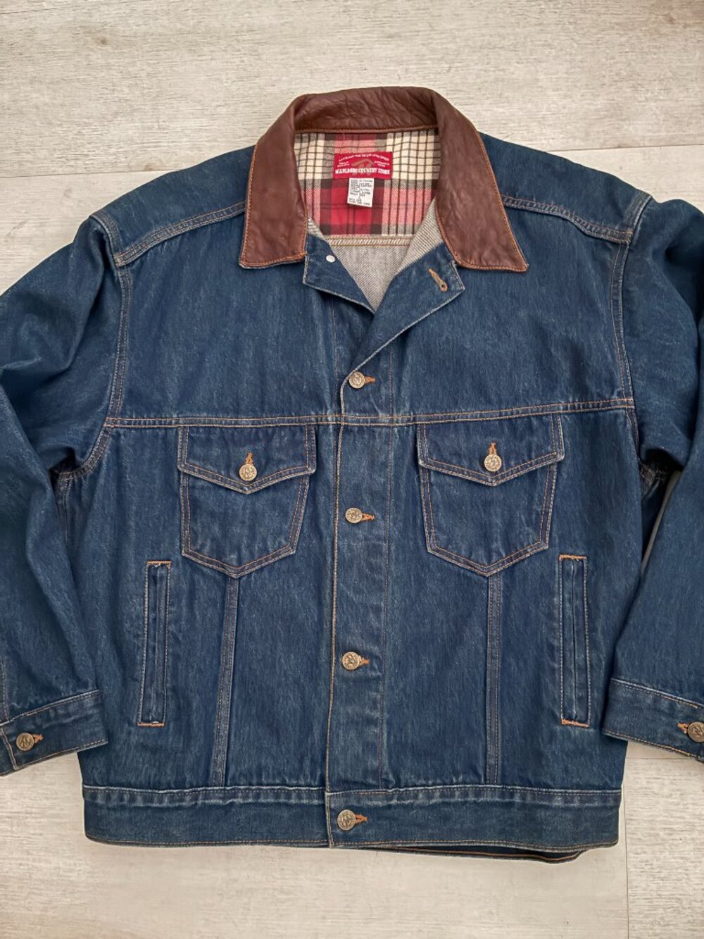 Vintage 90s Marlboro Country Store Denim Trucker Jacket Leather Collar Large L